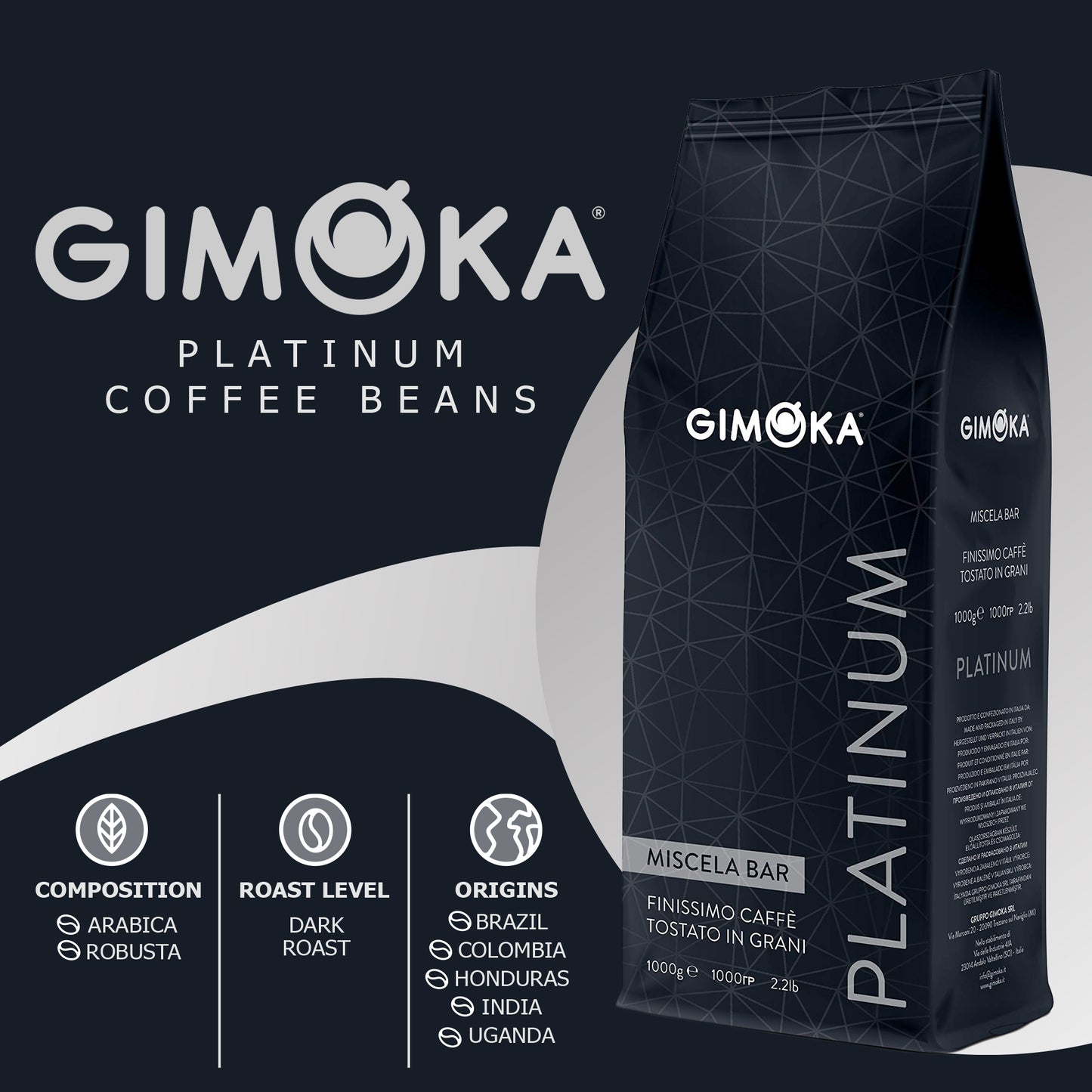 Gimoka Whole Bean Coffee - Platium Coffee Beans - Premium Italian Espresso Coffee Dark Roast, 6 x 2.2 Lb