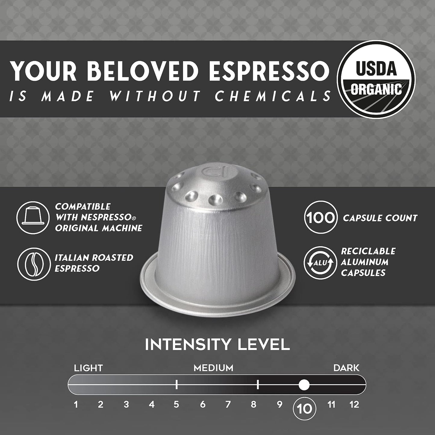 ESPRESSORO Organic Aluminum Nespresso Compatible Capsules -100 Count ORO BIANCO blend- Capsules compatible with Nespresso Original line machines Organic Italian Coffee