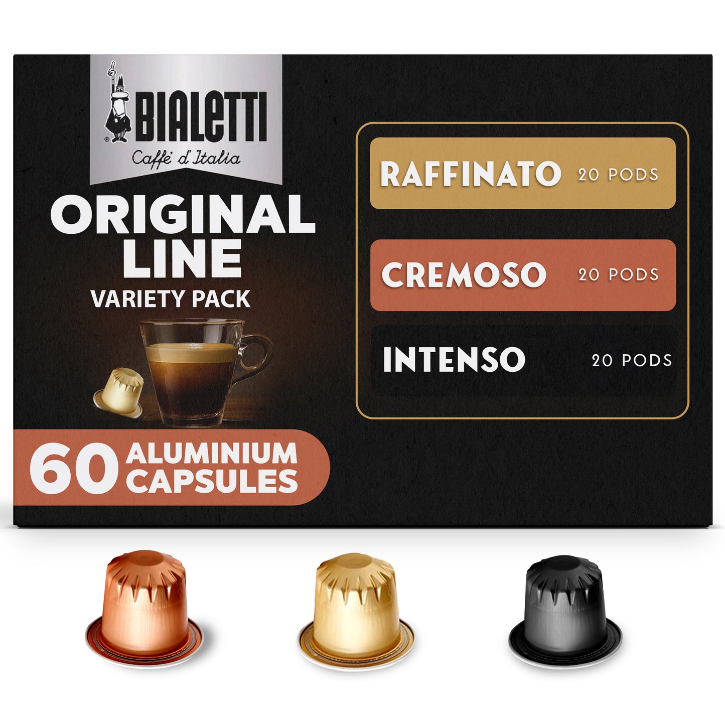 BIALETTI Espresso Compatible Pods - 60 Ct VARIETY PACK- Aluminium Coffee capsules compatible with Nespresso Original Line