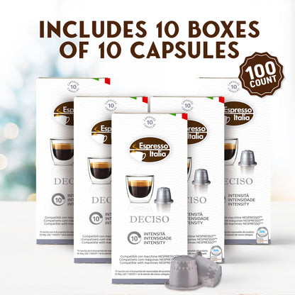 Espresso Italia Nespresso Compatible Capsules - Deciso Blend, 100 Espresso Coffee Pods, Compatible with Nespresso Machines