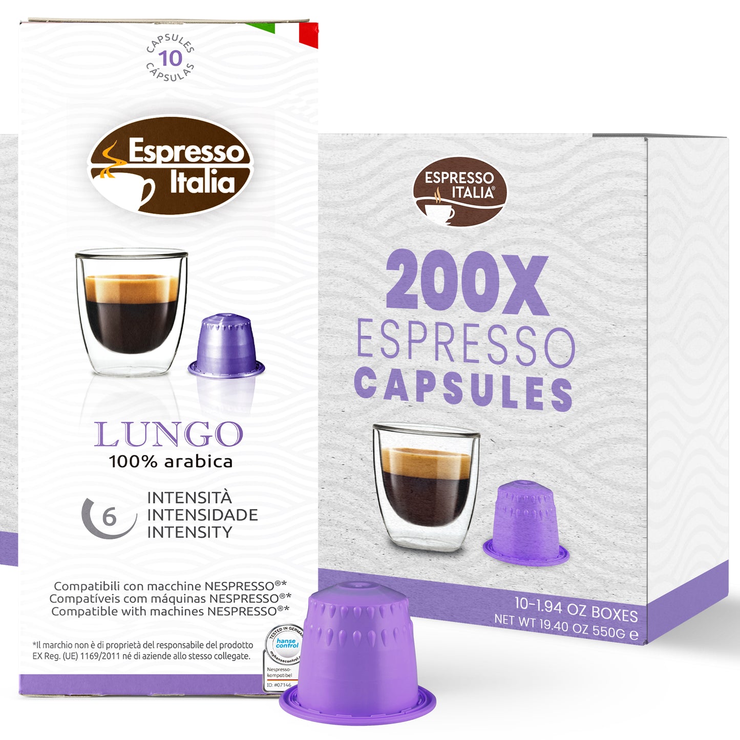 Espresso Italia Nespresso Compatible Capsules - Lungo Blend, 100 Espresso Coffee Pods, Compatible with Nespresso Machines