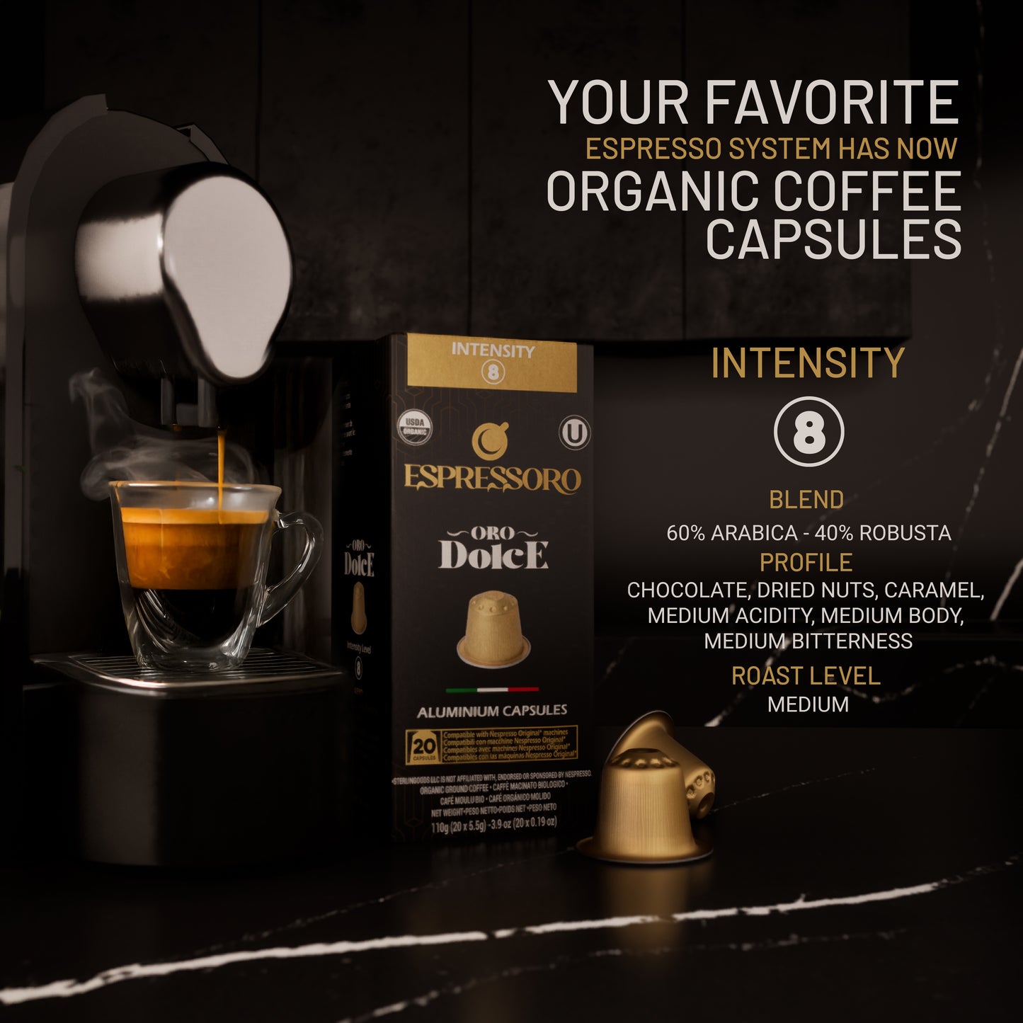 ESPRESSORO USDA Organic Espresso Compatible Pods - 200 Ct ORO DOLCE - Aluminium Coffee capsules compatible with Nespresso Original Line