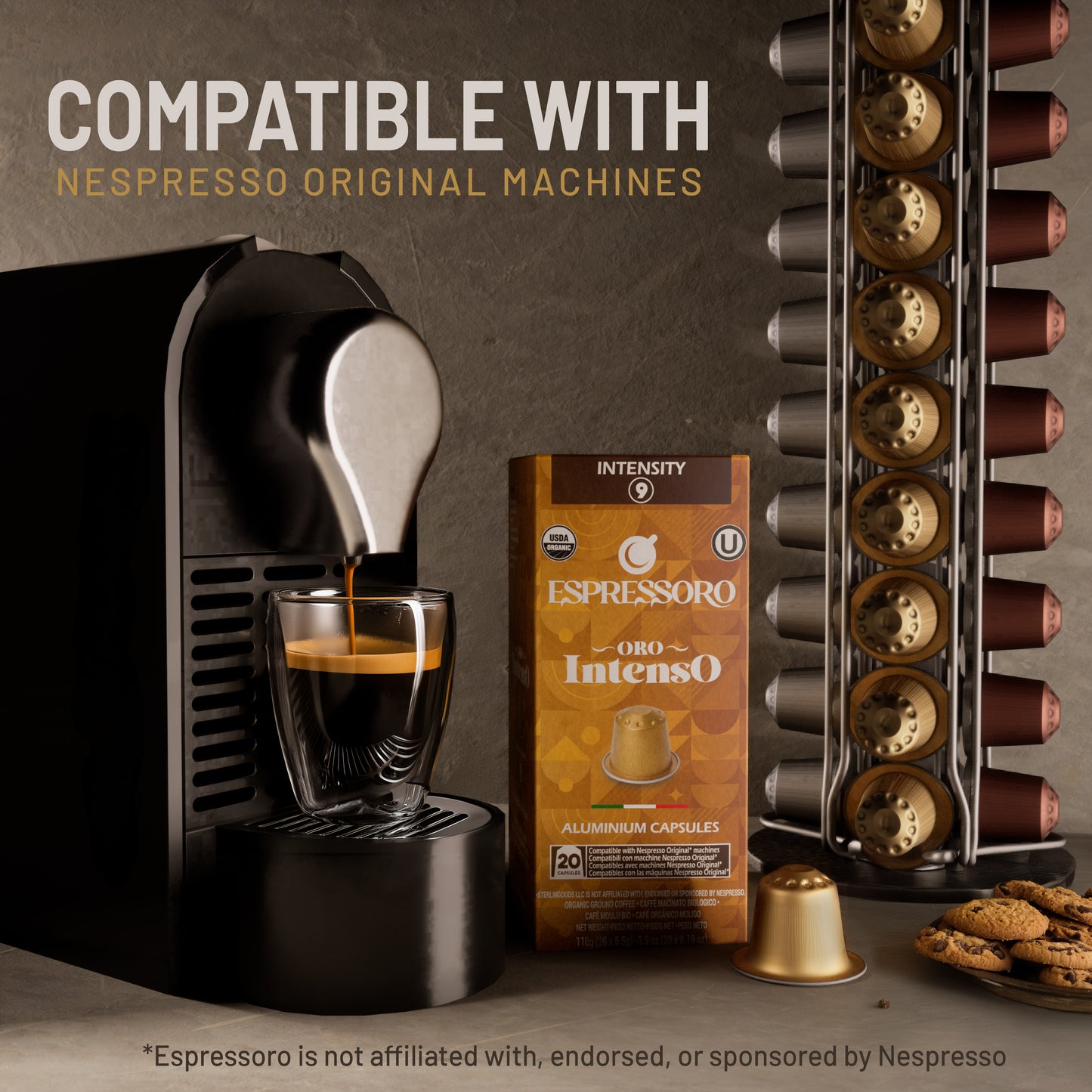 ESPRESSORO USDA Organic Espresso Compatible Pods - 200 Ct ORO INTENSO - Aluminium Coffee capsules compatible with Nespresso Original Line