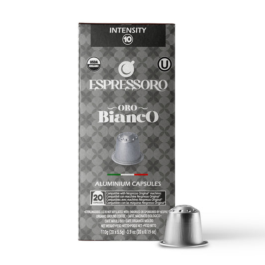 ESPRESSORO USDA Organic Espresso Compatible Pods - 100 Ct ORO BIANCO - Aluminium Coffee capsules compatible with Nespresso Original Line