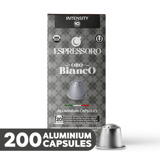 ESPRESSORO USDA Organic Espresso Compatible Pods - 200 Ct ORO BIANCO - Aluminium Coffee capsules compatible with Nespresso Original Line