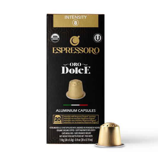 Espressoro Organic Aluminum Nespresso Compatible Capsules - Oro Dolce Blend, 100 Coffee Pods, Compatible with Nespresso Machines, Generic Nespresso Pods