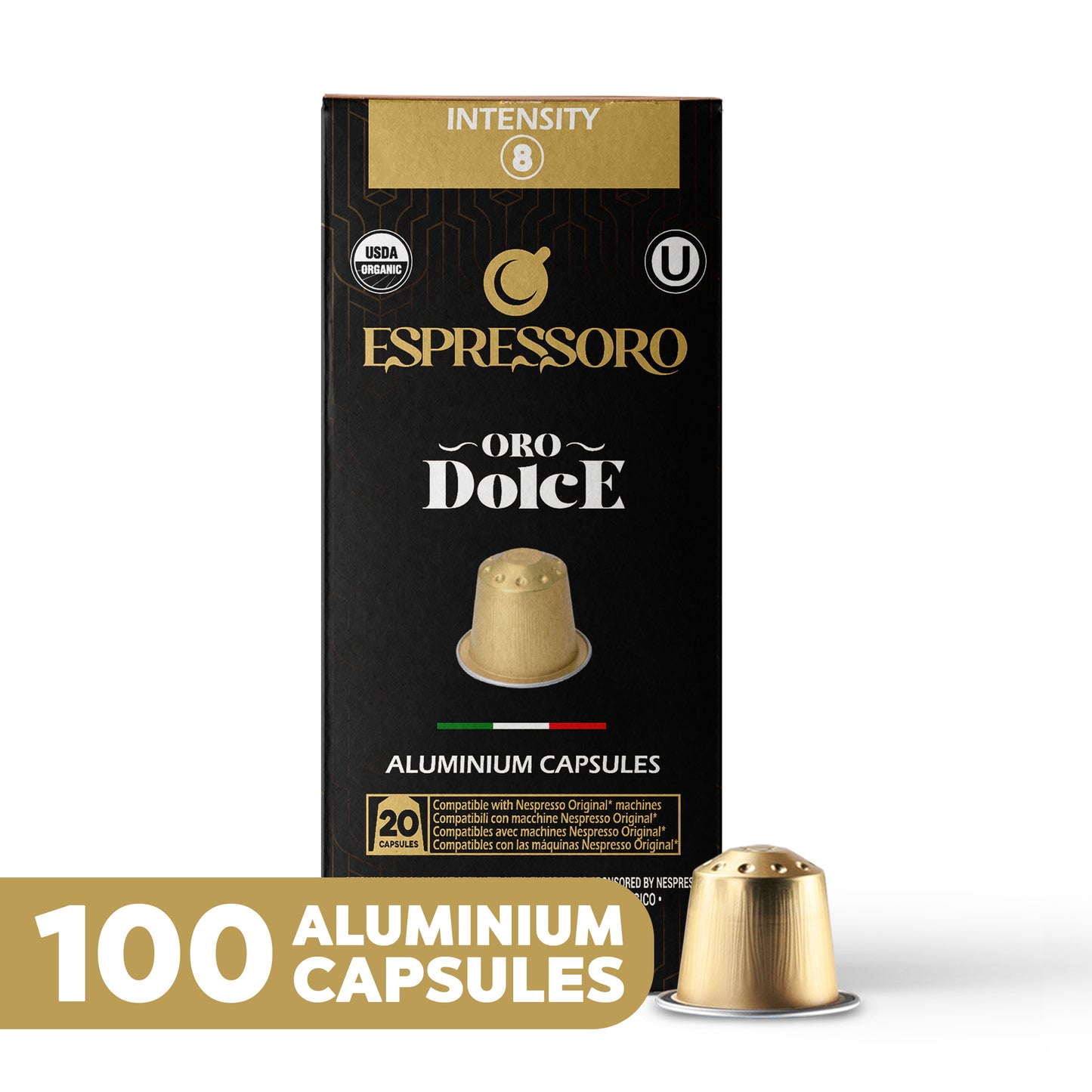 ESPRESSORO USDA Organic Espresso Compatible Pods - 100 Ct ORO DOLCE - Aluminium Coffee capsules compatible with Nespresso Original Line