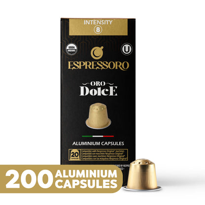 ESPRESSORO USDA Organic Espresso Compatible Pods - 200 Ct ORO DOLCE - Aluminium Coffee capsules compatible with Nespresso Original Line