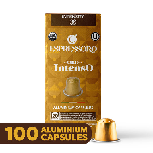 ESPRESSORO USDA Organic Espresso Compatible Pods - 100 Ct ORO INTENSO - Aluminium Coffee capsules compatible with Nespresso Original Line