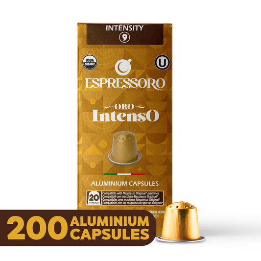 ESPRESSORO USDA Organic Espresso Compatible Pods - 200 Ct ORO INTENSO - Aluminium Coffee capsules compatible with Nespresso Original Line