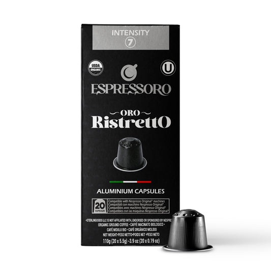 ESPRESSORO USDA Organic Espresso Compatible Pods - 100 Ct ORO RISTRETTO - Aluminium Coffee capsules compatible with Nespresso Original Line
