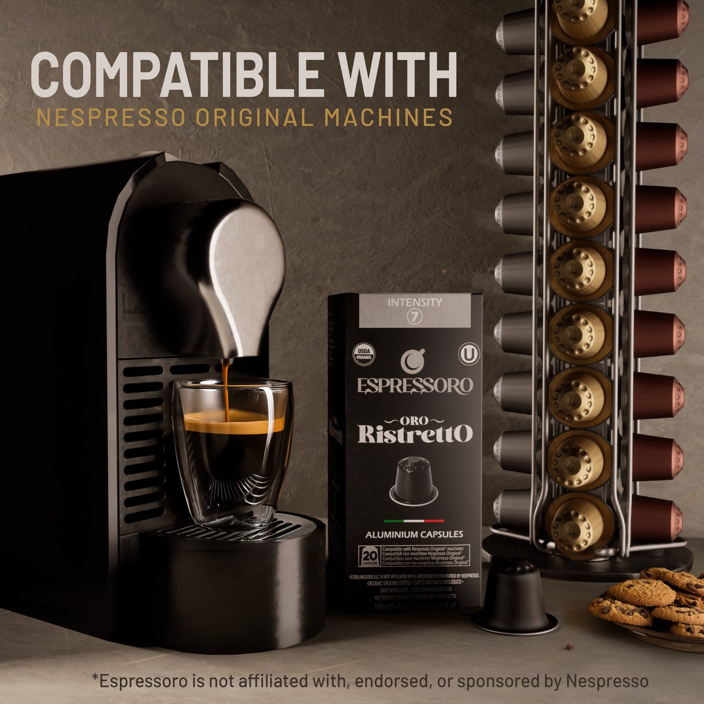 ESPRESSORO USDA Organic Espresso Compatible Pods - 100 Ct ORO RISTRETTO - Aluminium Coffee capsules compatible with Nespresso Original Line