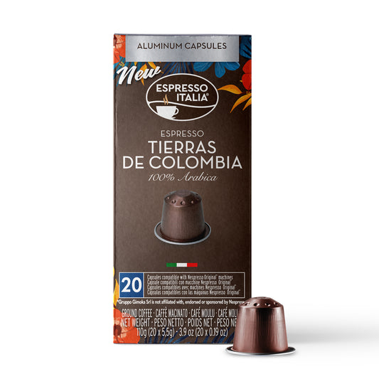 Espresso Italia Aluminum Nespresso Compatible Capsules - Tierras de Colombia Blend, 100 Espresso Coffee Pods Compatible with Nespresso Machines