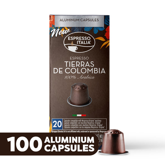 ESPRESSO ITALIA Espresso Compatible Pods - 100 Ct TIERRAS DE COLOMBIA - Aluminium Coffee capsules compatible with Nespresso Original Line