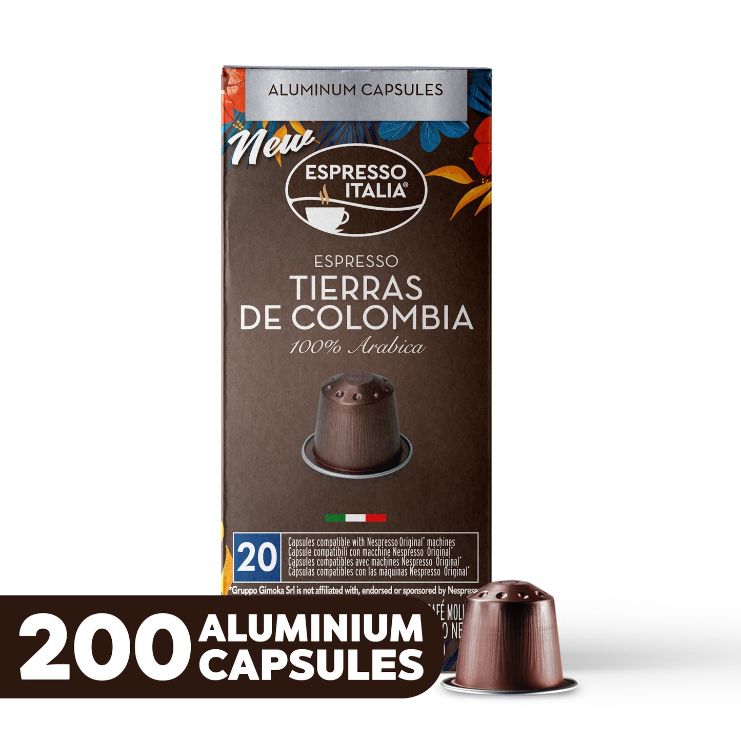 ESPRESSO ITALIA Espresso Compatible Pods - 200 Ct TIERRAS DE COLOMBIA - Aluminium Coffee capsules compatible with Nespresso Original Line