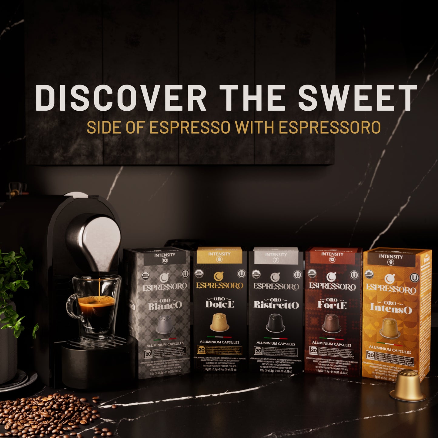 ESPRESSORO USDA Organic Espresso Compatible Pods - 200 Ct ORO DOLCE - Aluminium Coffee capsules compatible with Nespresso Original Line