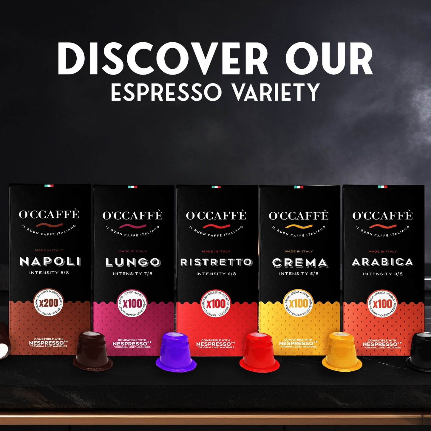 O'CCAFFÈ Espresso Compatible Pods - 100 Ct VARIETY PACK - Coffee capsules compatible with Nespresso Original Line