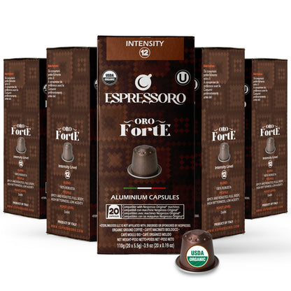 Espressoro Organic Aluminum Nespresso Compatible Capsules - Oro Forte Blend, 100 Coffee Pods, Compatible with Nespresso Machines, Generic Nespresso Pods