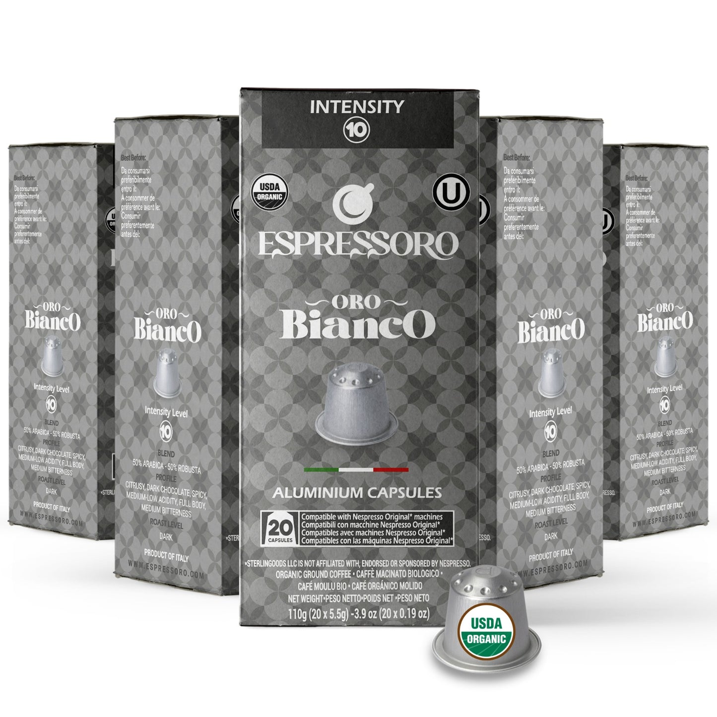 Espressoro BIANCO 100 Espresso pods, Nespresso Compatible Aluminum Espresso Pods, Intensity 10, Generic Nespresso Pods