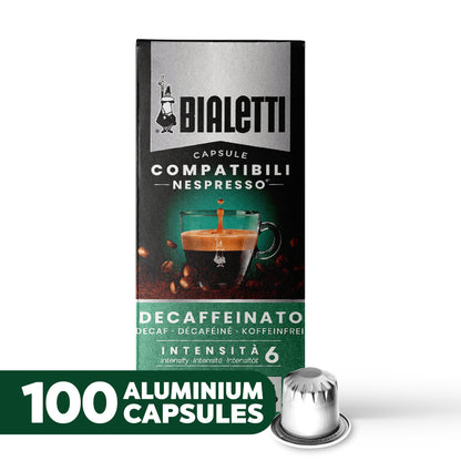 BIALETTI Espresso Compatible Pods - 100 Ct DECAFFEINATO- Aluminium Coffee capsules compatible with Nespresso Original Line