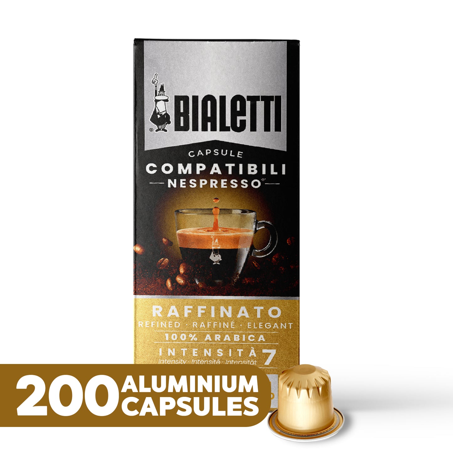 BIALETTI Espresso Compatible Pods - 200 Ct RAFFINATO- Aluminium Coffee capsules compatible with Nespresso Original Line