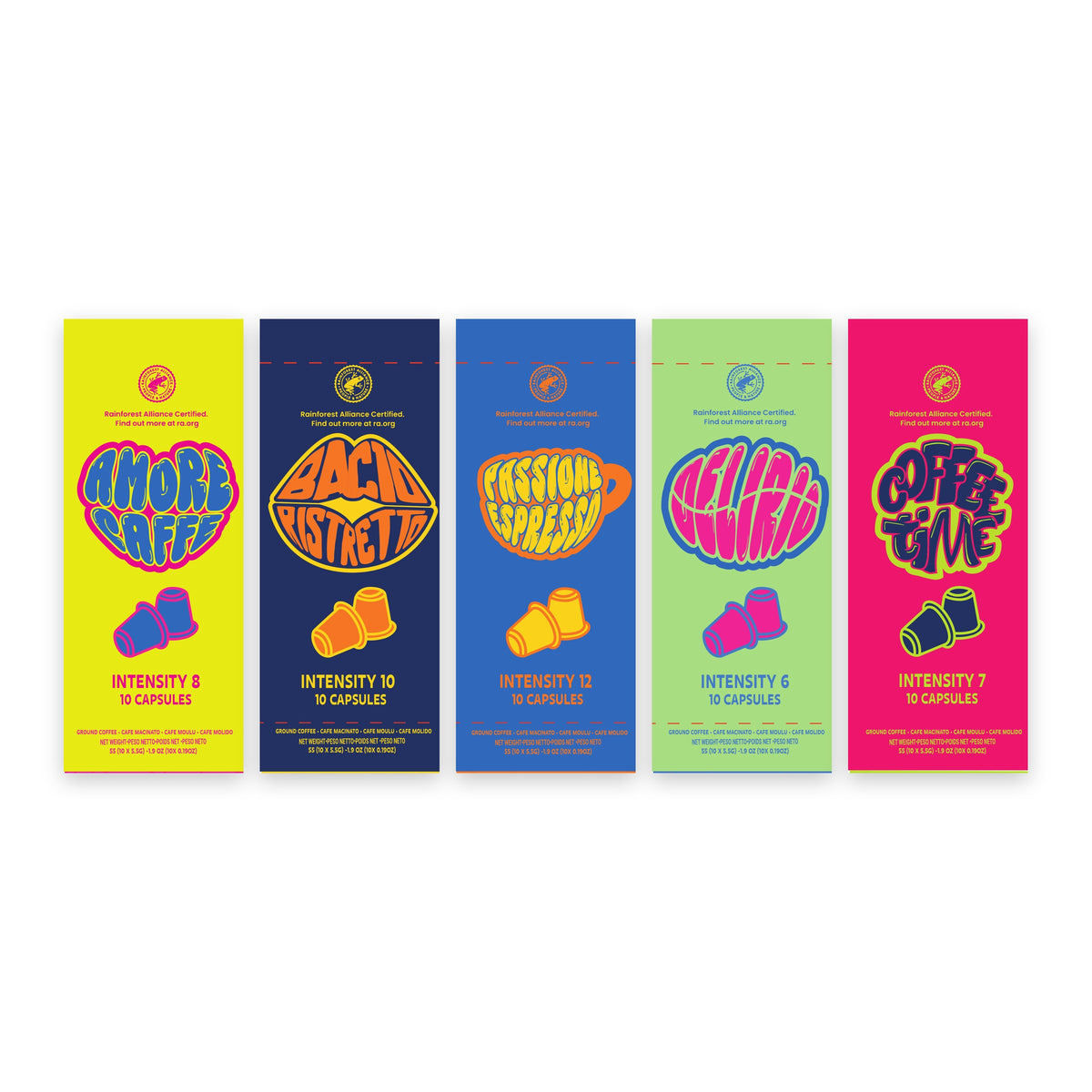 Capsucup Premium variety pack: Amore Caffè, Bacio Ristretto, Passione Espresso, Delizia and Coffee Time