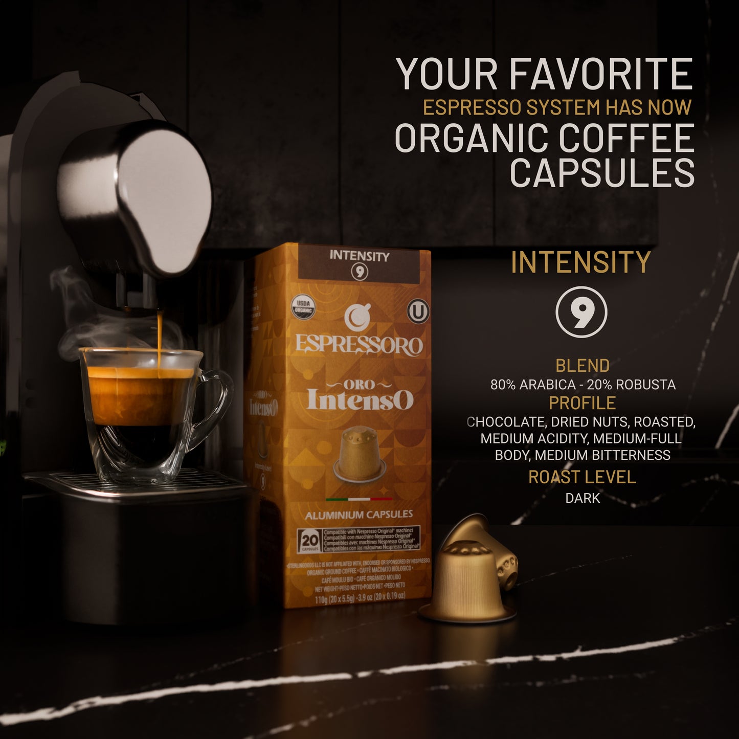 ESPRESSORO USDA Organic Espresso Compatible Pods - 200 Ct ORO INTENSO - Aluminium Coffee capsules compatible with Nespresso Original Line