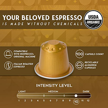 Espressoro Organic Aluminum Nespresso Compatible Capsules - Oro Intenso Blend, 100 Coffee Pods, Compatible with Nespresso Machines, Generic Nespresso Pods