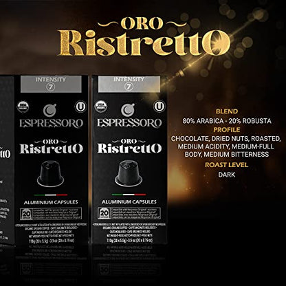 Espressoro Organic Aluminum Nespresso Compatible Capsules - Oro Ristretto Blend, 100 Coffee Pods, Compatible with Nespresso Machines, Generic Nespresso Pods