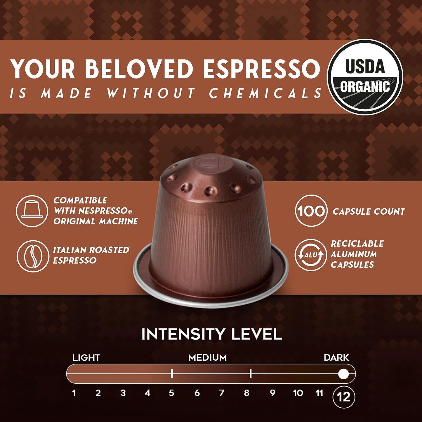 ESPRESSORO Organic Aluminum Nespresso Compatible Capsules -100 Count ORO FORTE blend - Capsules compatible with Nespresso Original line machines Organic Italian Coffee 