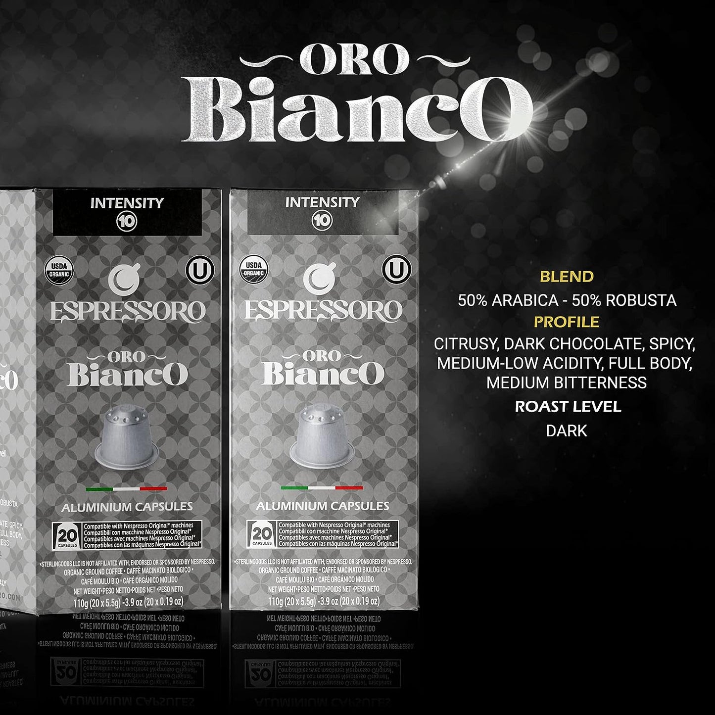 ESPRESSORO Organic Aluminum Nespresso Compatible Capsules -100 Count ORO BIANCO blend- Capsules compatible with Nespresso Original line machines Organic Italian Coffee